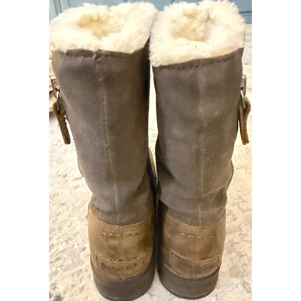 Sorel Phoenix Moto Waterproof Leather Suede Faux Fur Boots Quarry Brown Womens 6